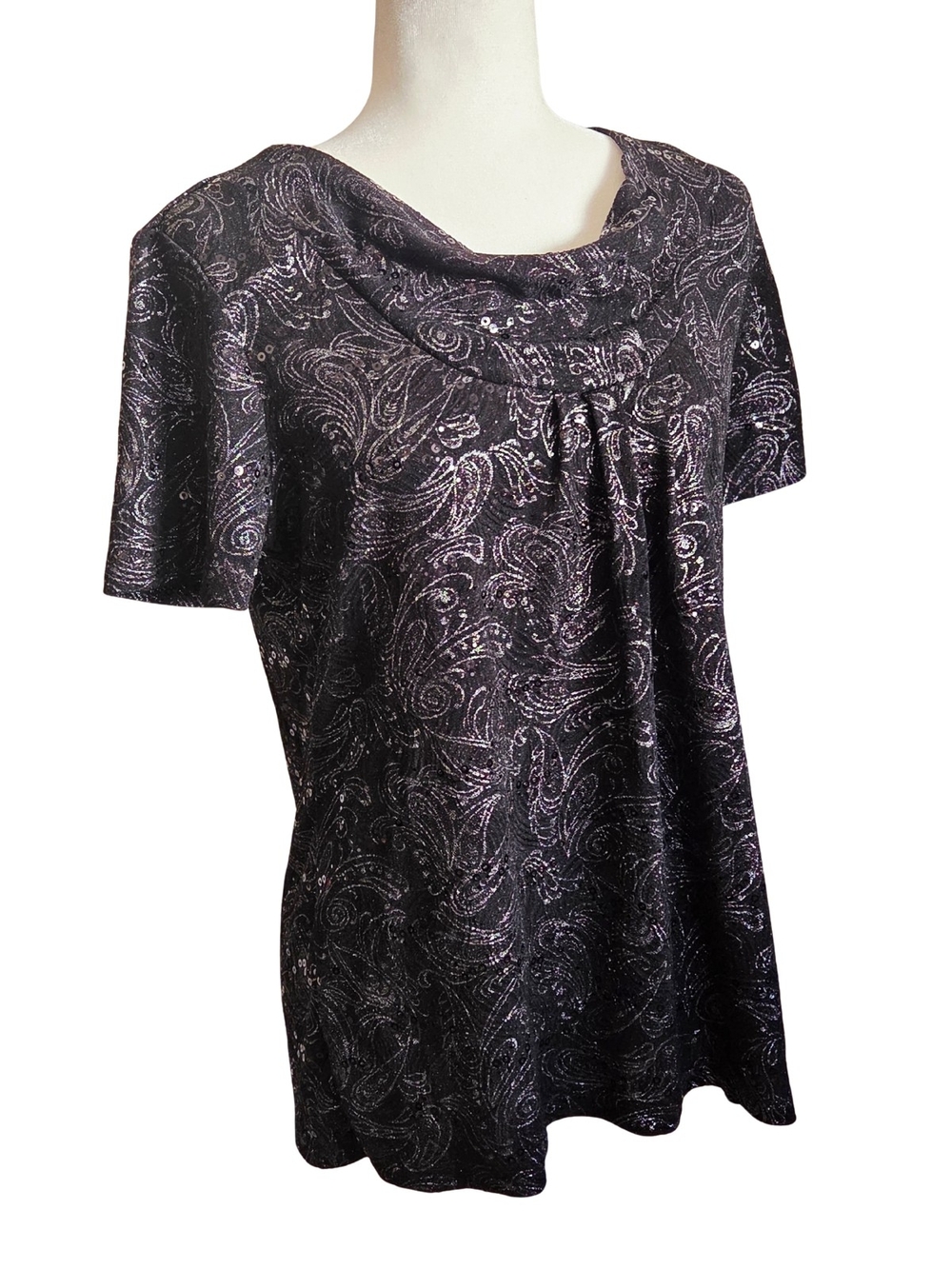 White Stag Black & Silver Paisley Draped-Neck Short Sleeve Top MEDIUM